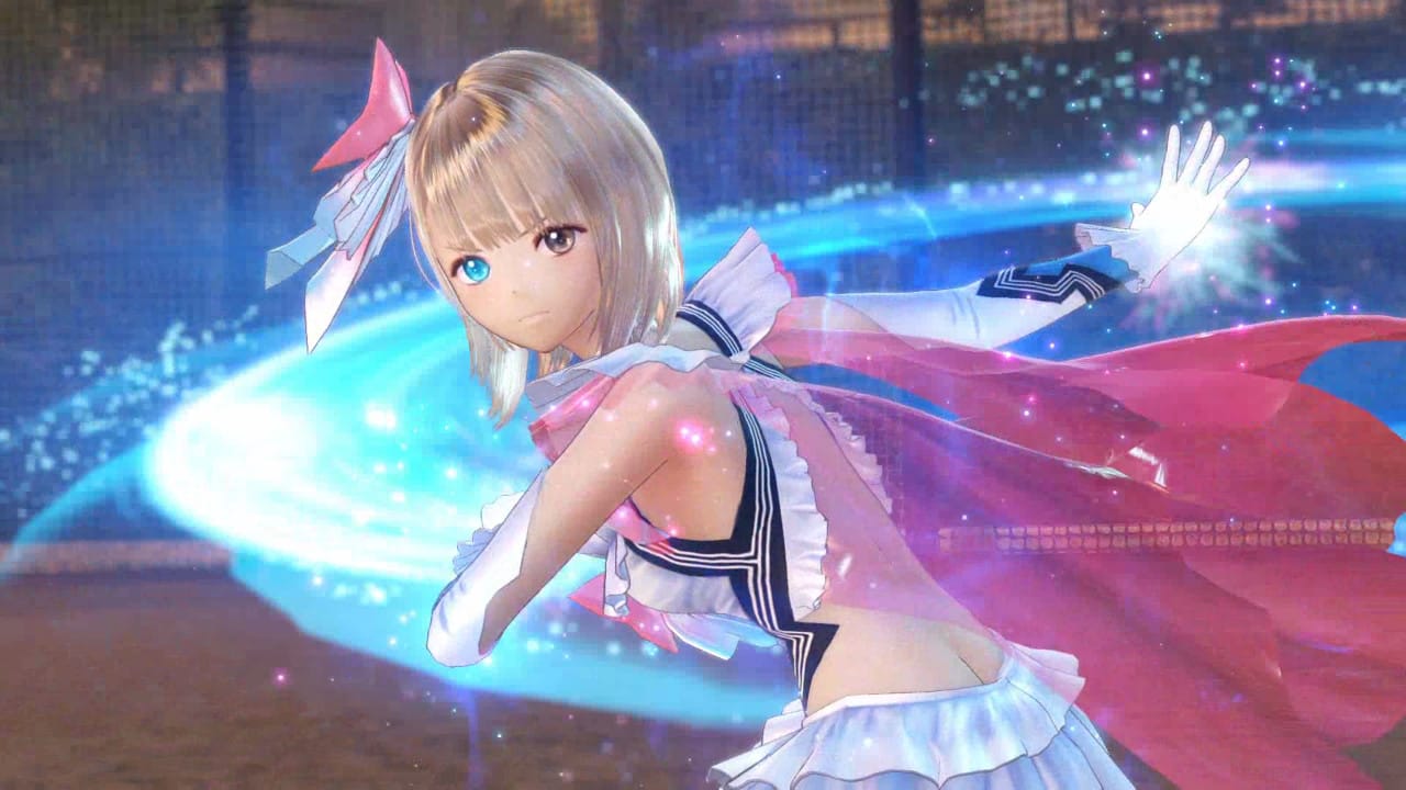 Image is Hinako from Blue Reflection in a frilly pink magical girl outfit with a cape waving her hands as she casts a blue spell