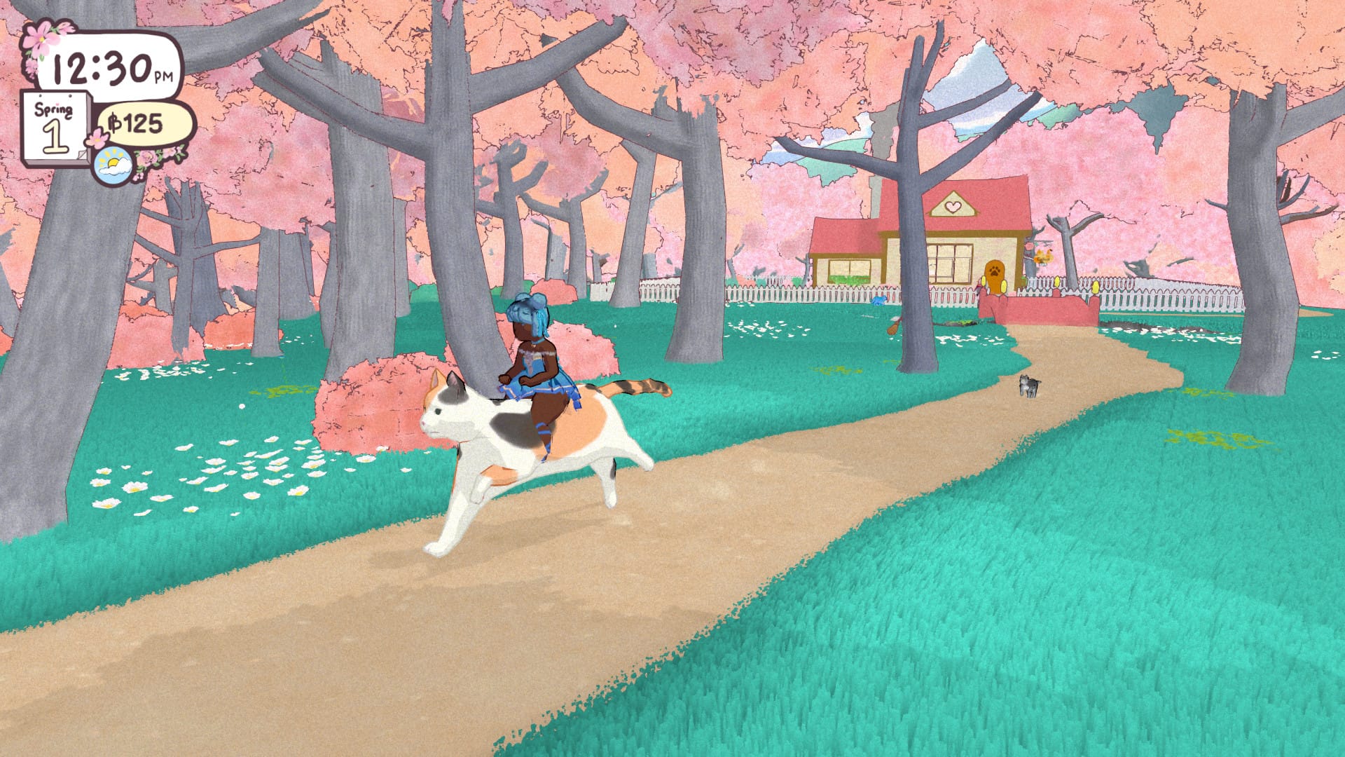 Image is a magical girl riding a giant cat through a forest of pink trees