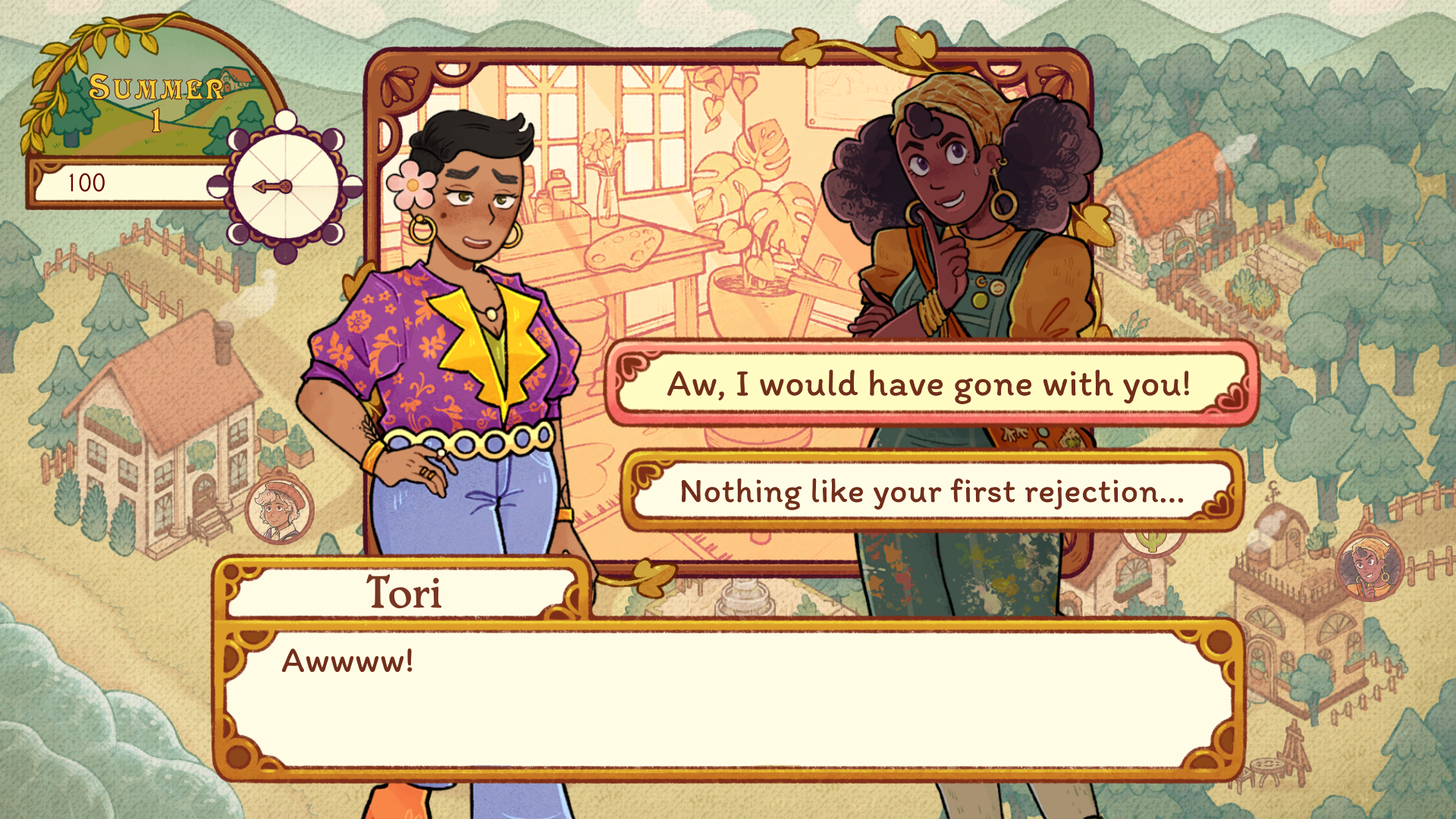 Image is a female witch named Tori saying Awww to another female witch with the choices "Aww I would've gone with you!" and "Nothing like your first rejection!"