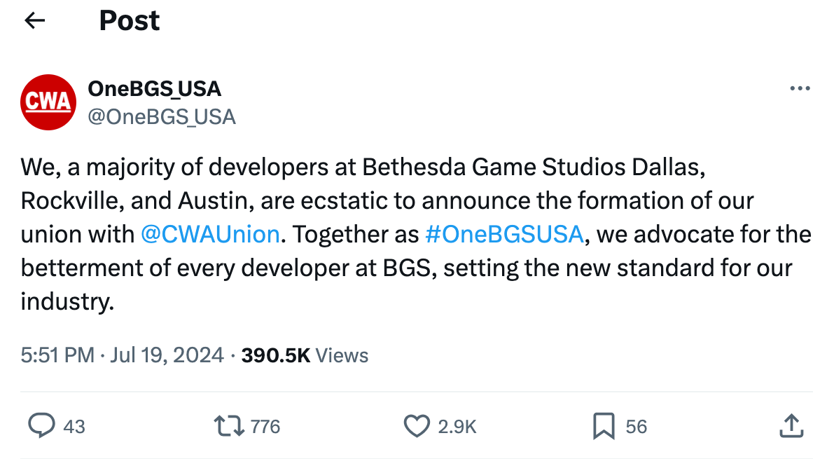 Bethesda Game Studios is the First Microsoft Video Game Studio To Unionize