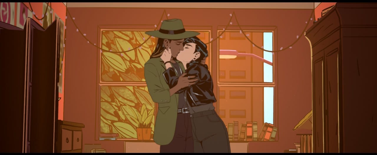 Image is Stray Gods characters Grace and Freddie embracing and kissing