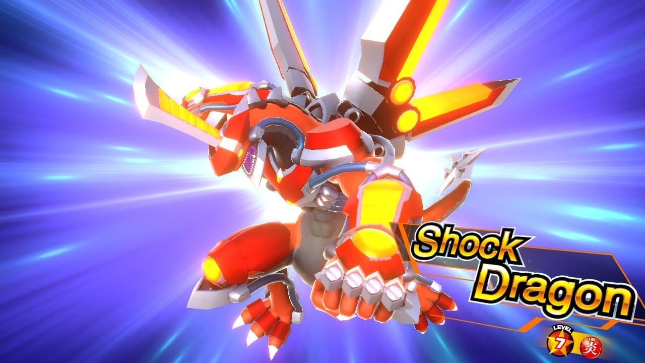 Image is the 3-D summon of Shock Dragon, a level 7 red and gold robot dragon