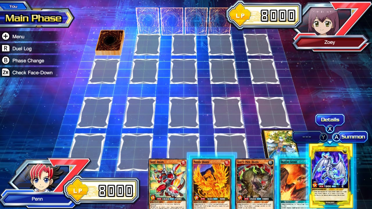 Image is the Duel Field for Dawn of The Battle Royale, showing my hand of cards and the current phase of the game. The field is blank and both I and my opponent have 8,000 life points