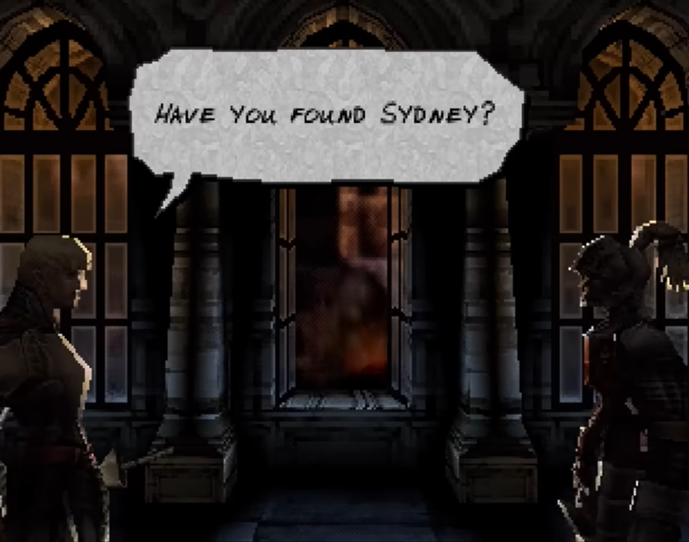 Two characters in a castle corridor discuss finding Sydney.