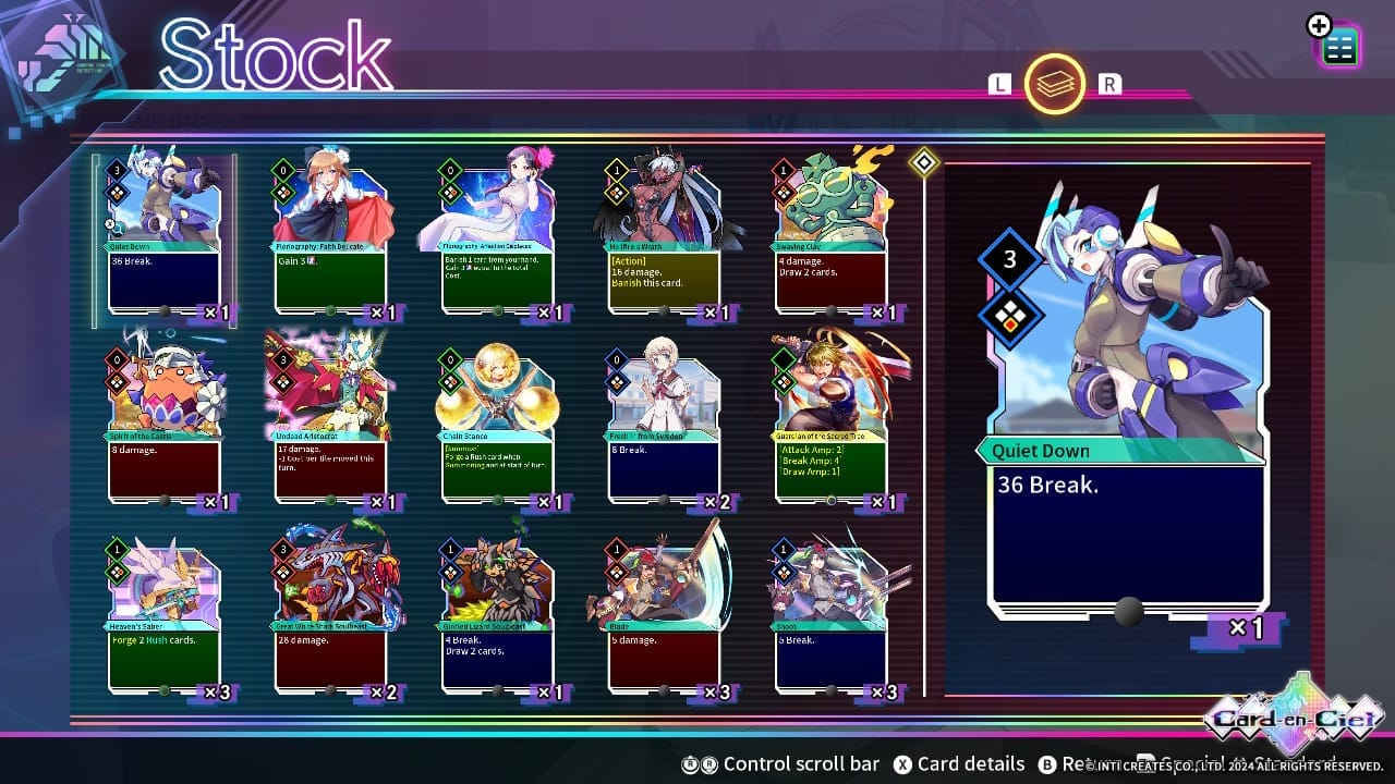 Image is the Stock Menu of Card En Ciel showing all the cards you've gathered