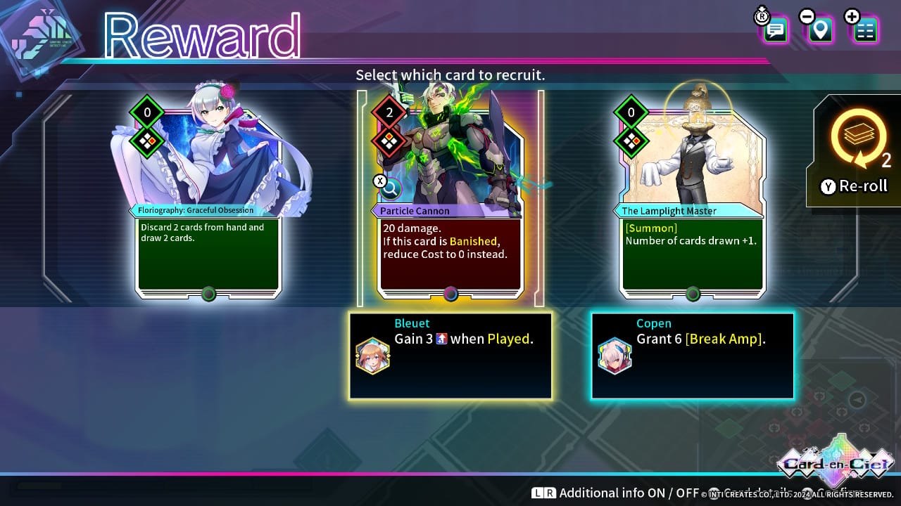 Image is the reward screen showing various cards that you can recruit