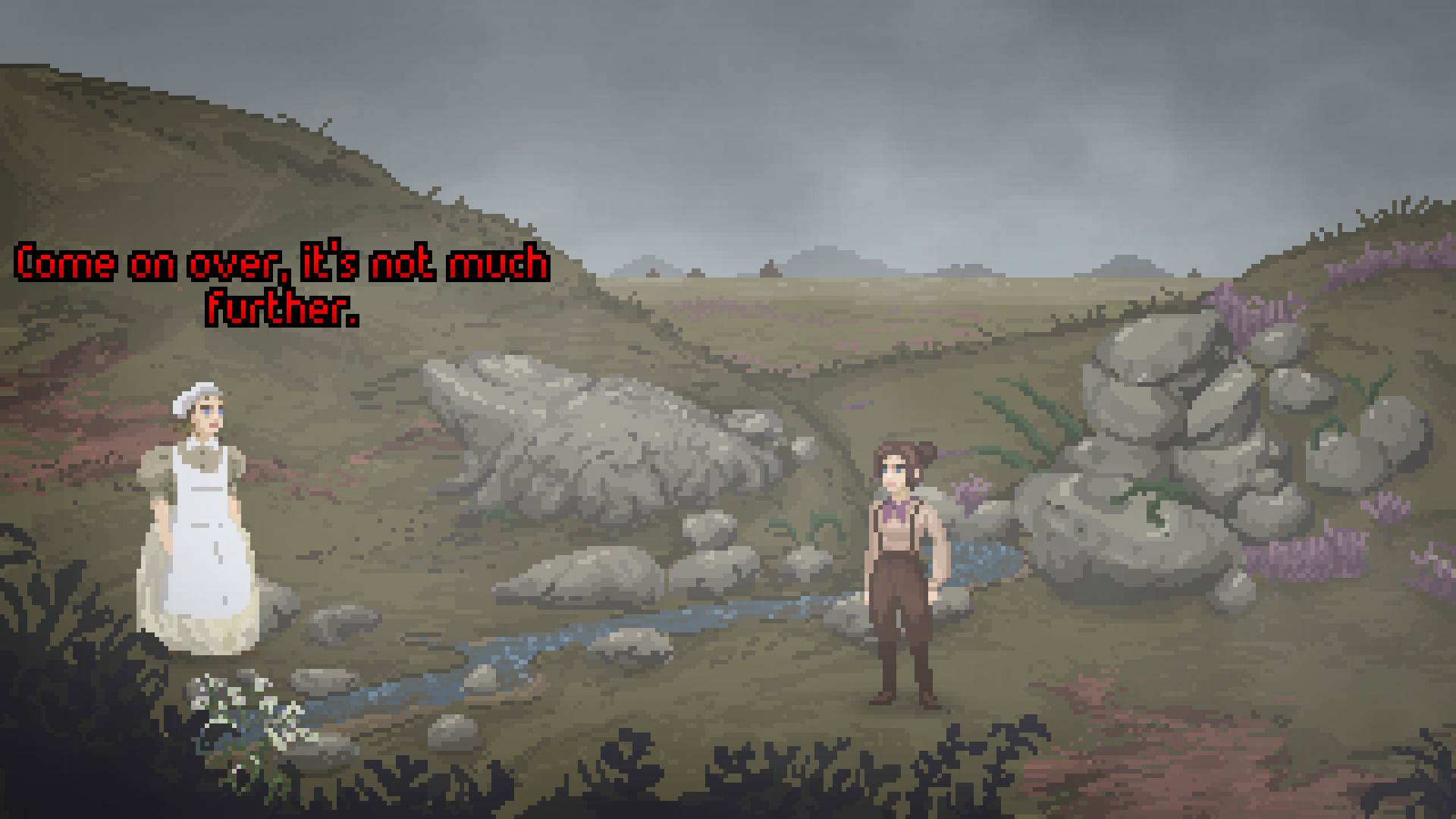 A maid asks the main character to come with her across a small stream.