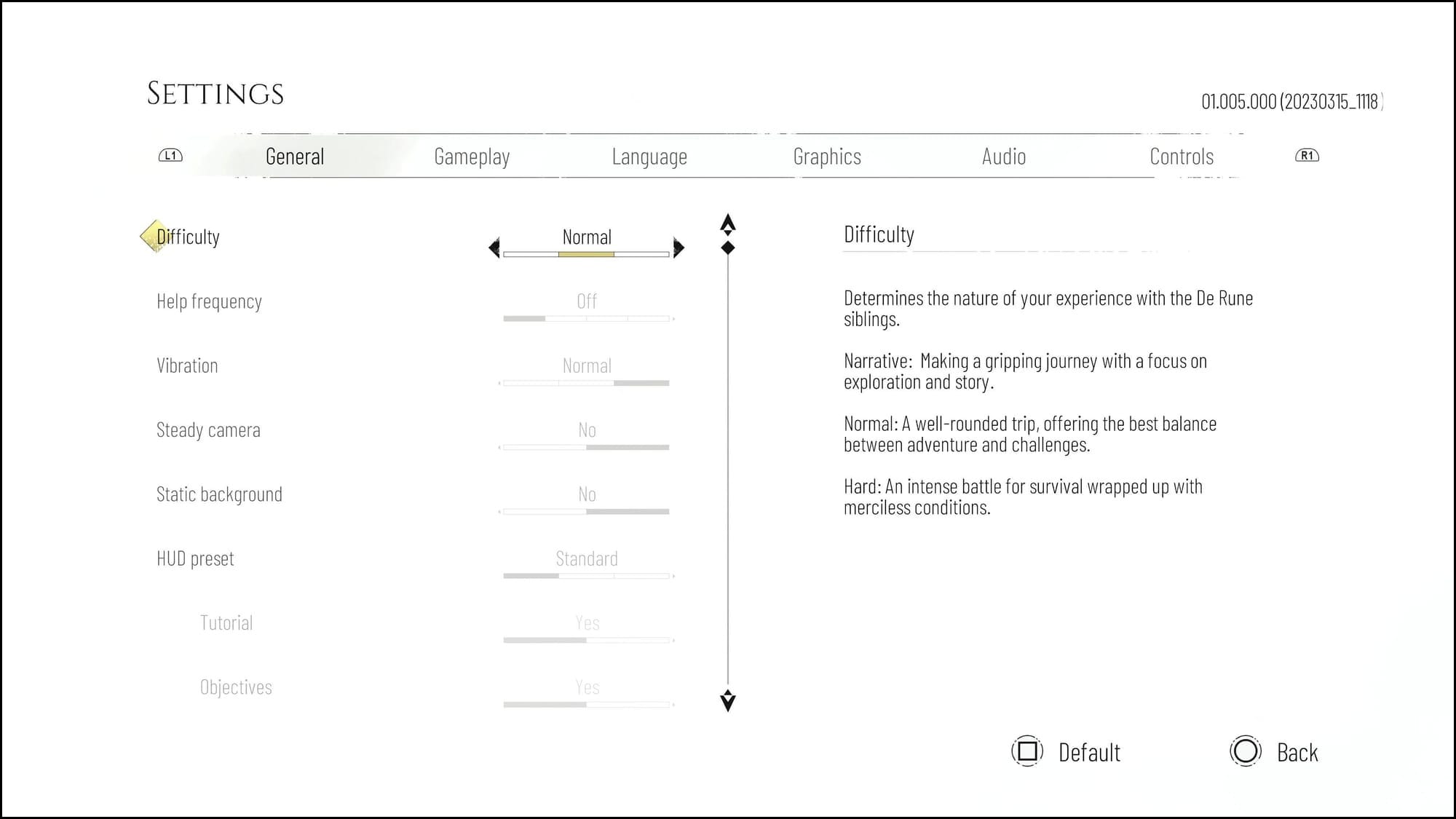 A Plague Tale: Requiem's settings screen