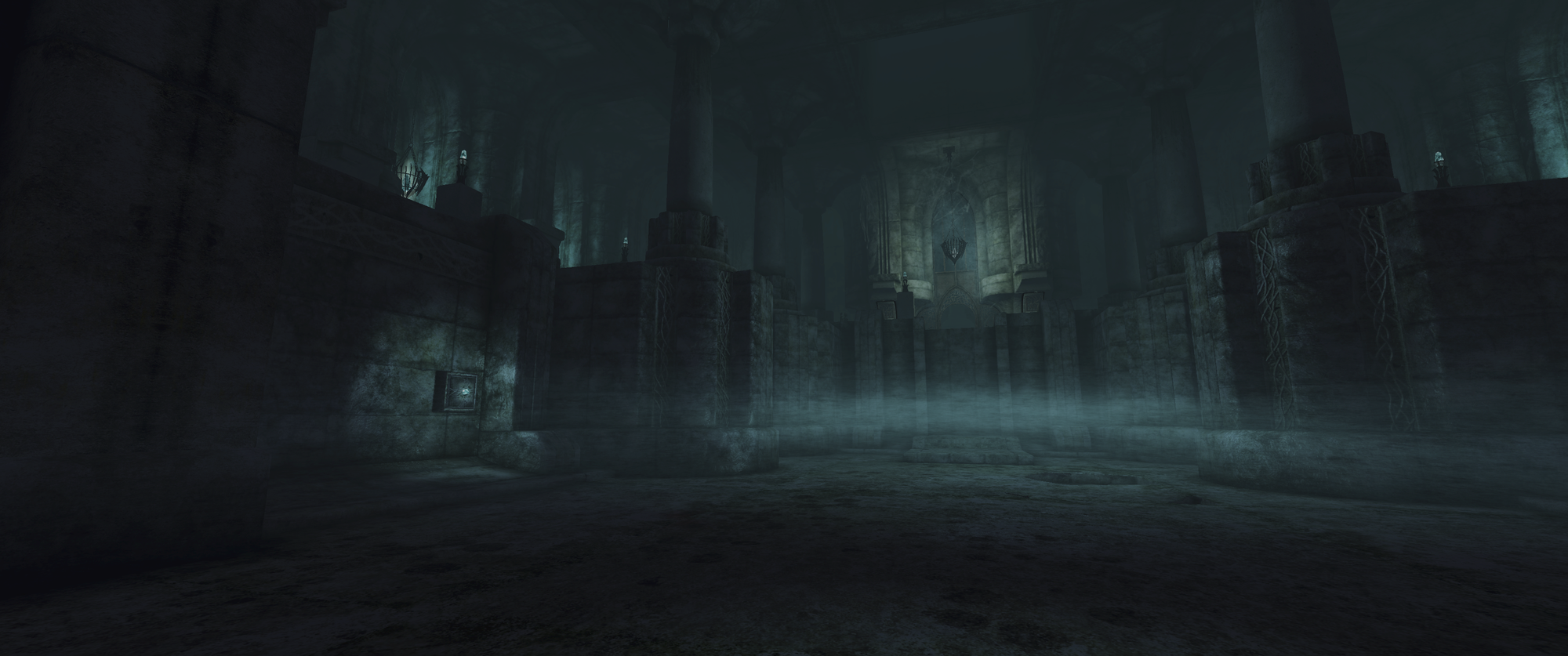 Screenshot of the game. A dark, ruined stone building interior lit eerily green and blue.