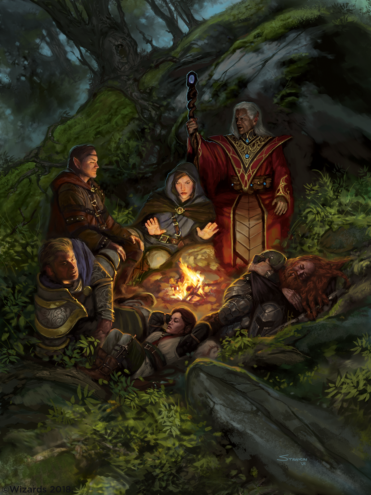 A party consisting of a dwarf, a halfling, two humans, and two elves rest around a fire in the woods.