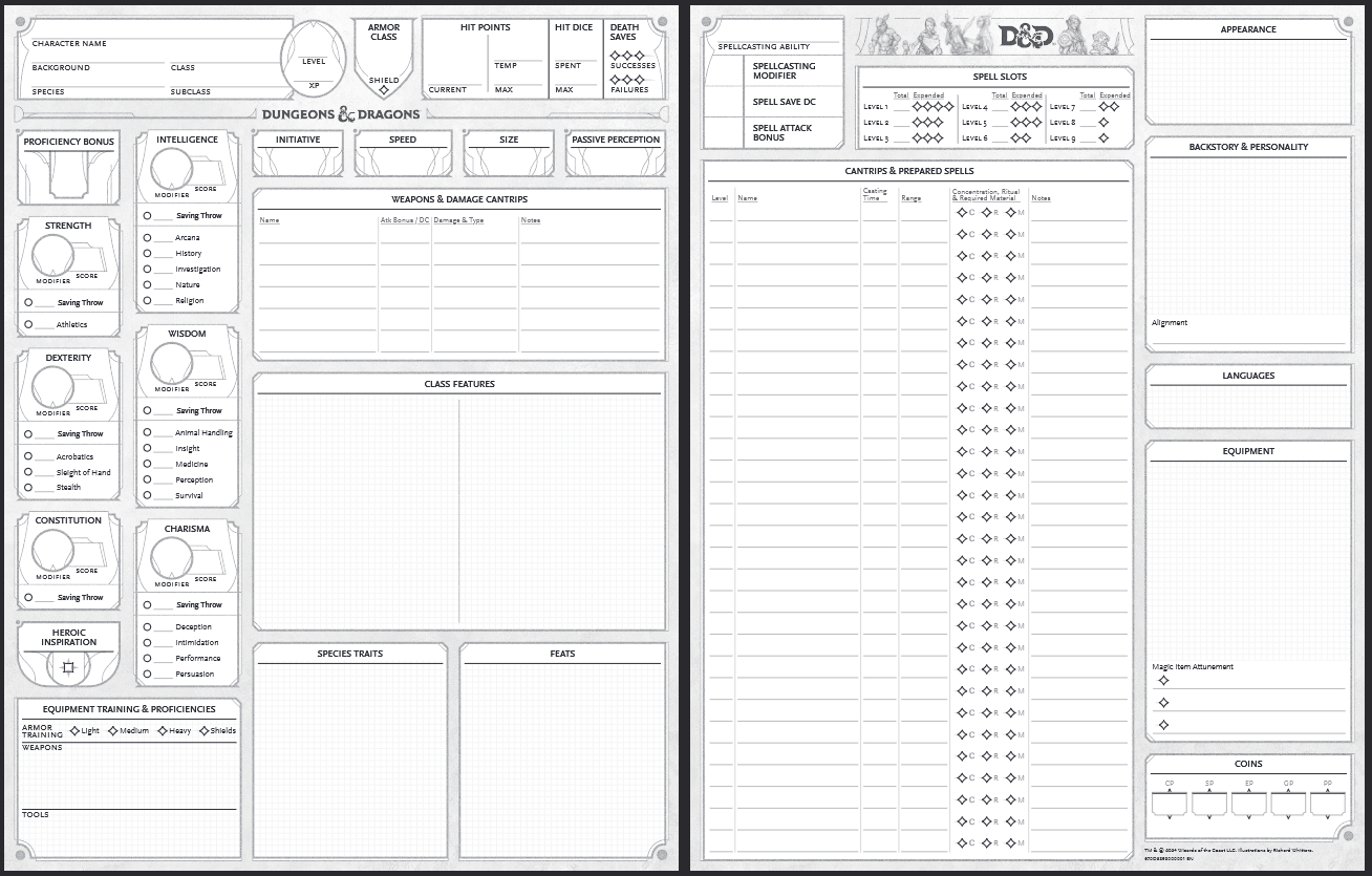 The 2024 D&D character sheet, a two-page spread.