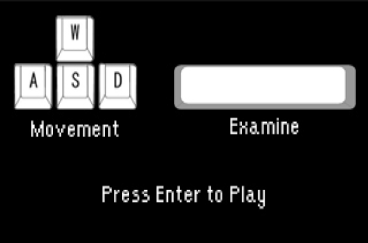 The controls for Sit and Spin Adventure. The text under WASD key glyphs reads, "Movement." The text under a spacebar glyph reads, "Examine." Elsewhere, text reads, "Press Enter to Play."