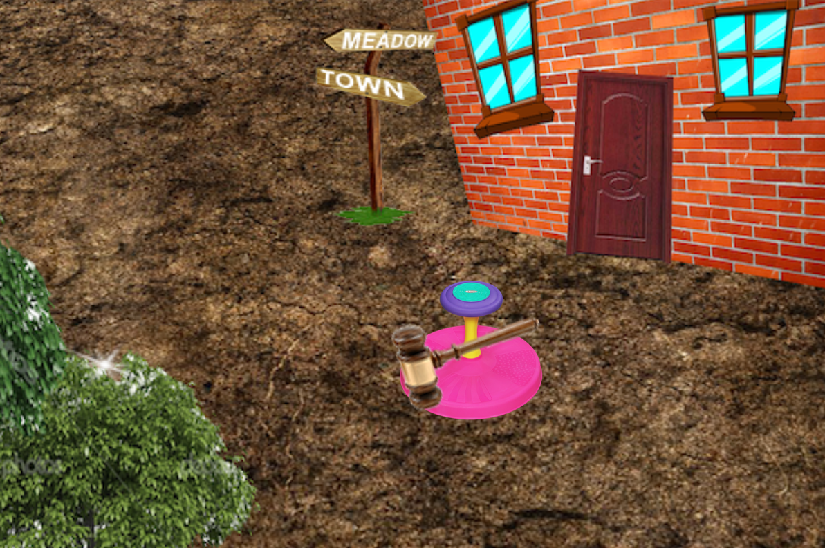 A screenshot from Sit and Spin Adventure. The player's avatar swings a large, photorealistic judge's gavel after pressing the O key.