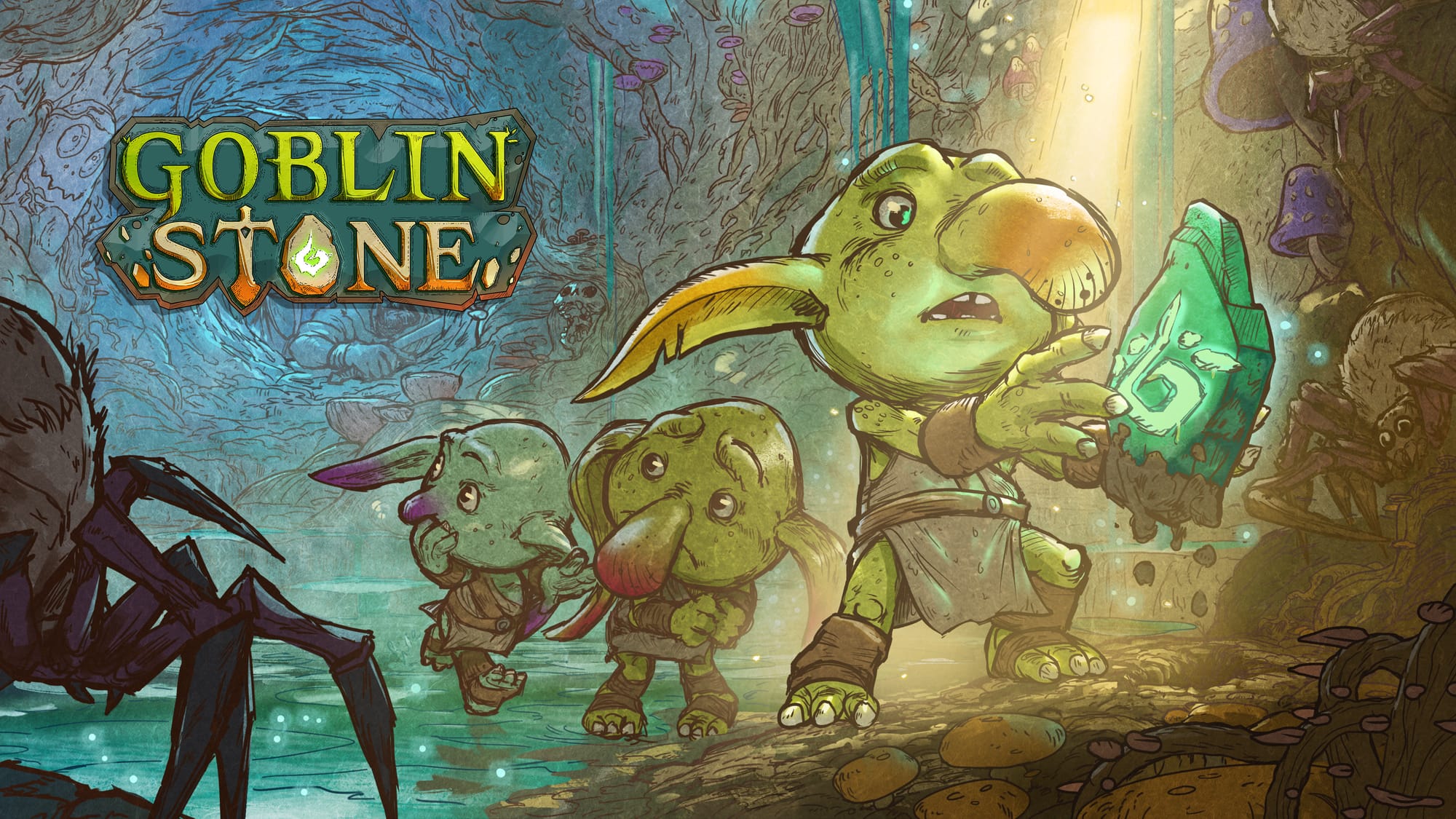 Three goblins run through their caves. One has discovered a magical stone.