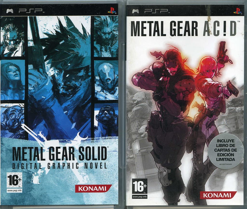Box art for Metal Gear Solid's digital graphic novel and Metal Gear Acid, both for the PSP.