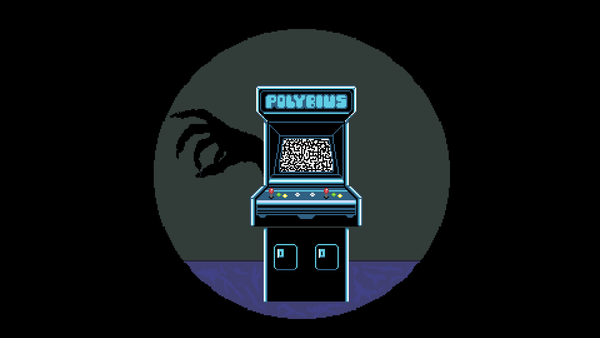 A stylized arcade machine of Polybius with a shadowy hand reaching out from behind it.