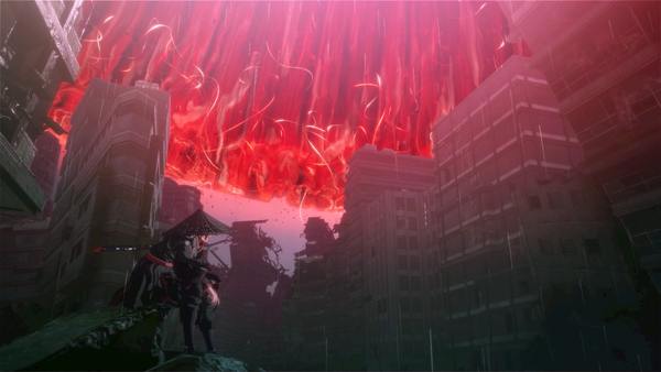 A character in samurai-style fighting garb watches a ruined city with a red sky.