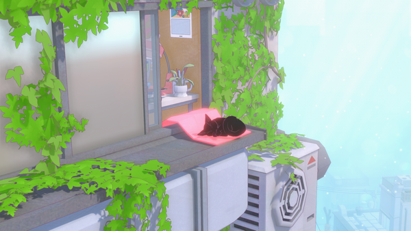 Screenshot from the game. A small black cat sleeps on a ledge of some high-up building in a city.