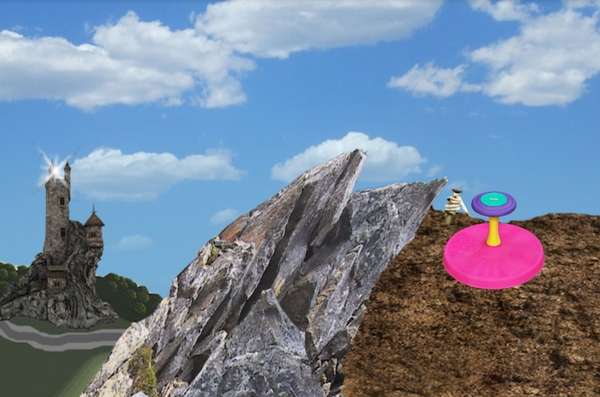 A screenshot from Sit and Spin Adventure. The player is atop a cliff. A castle can be seen in the distance.